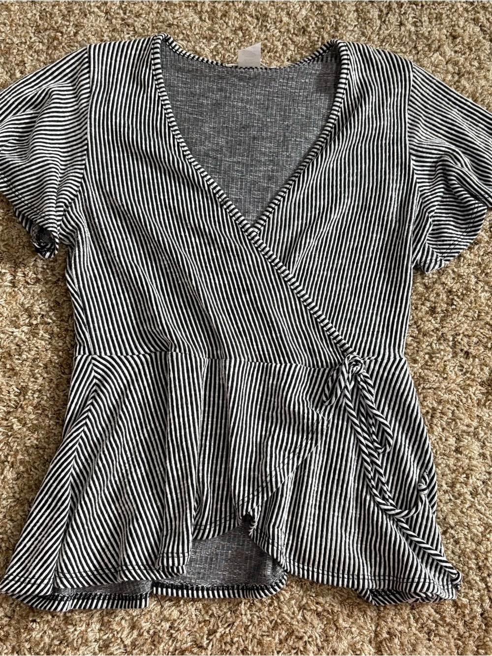 Caution to the Wind Women’s large v-neck Striped Black & White Peplum Top